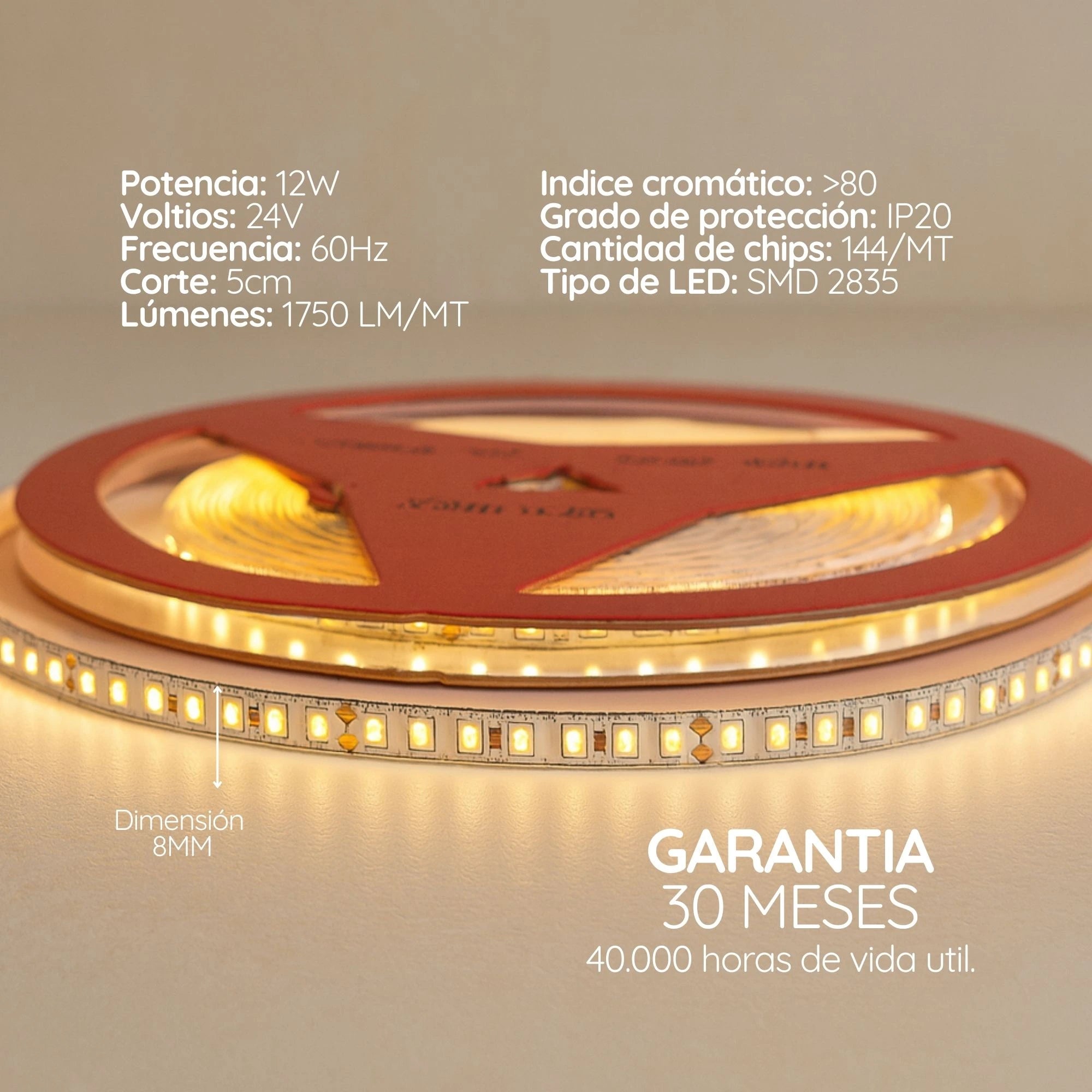 Cinta LED compacta de 8 mm para estanterías, techos X10M (24V, 12W) PREMIUM ASOMBRA