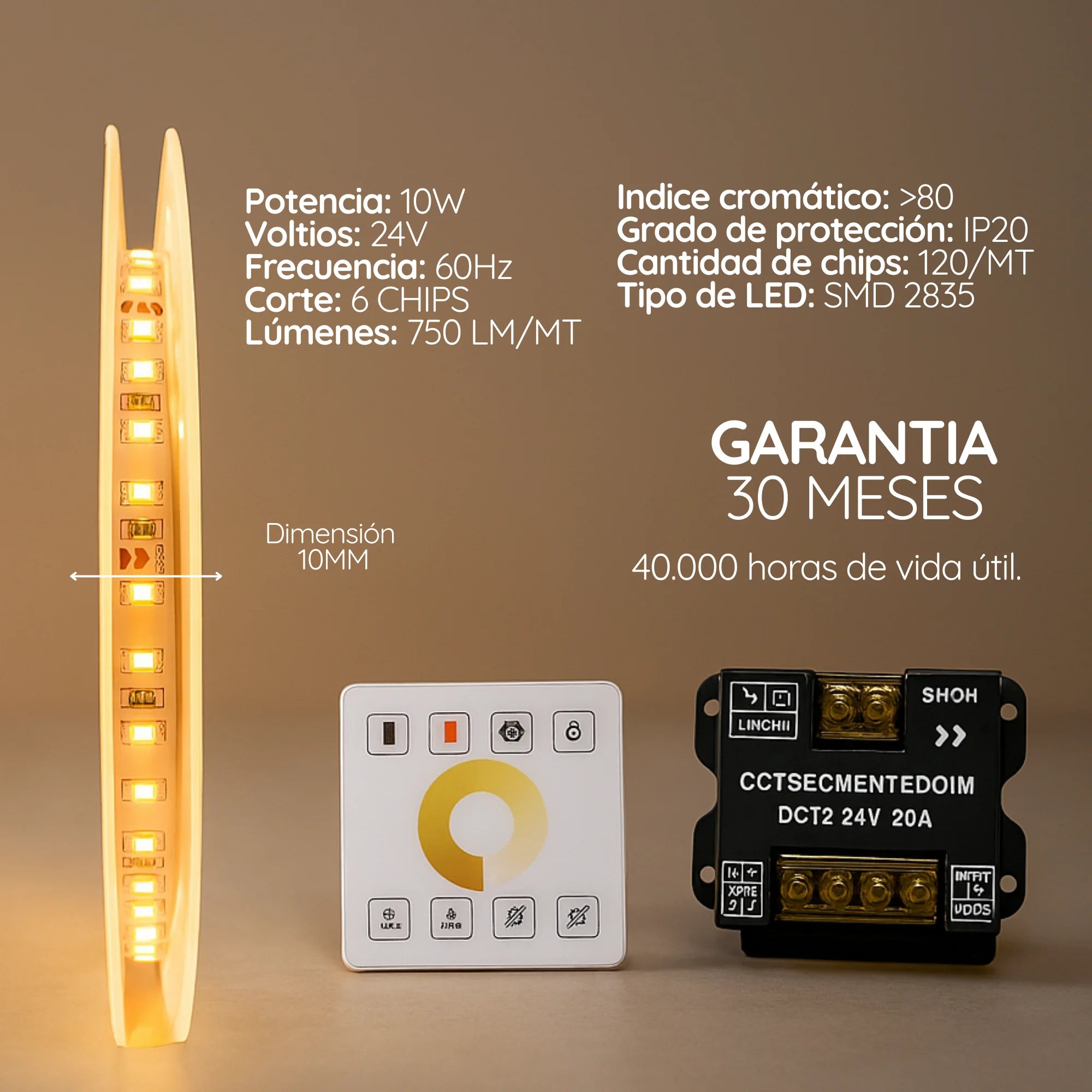 Cinta LED 3 tonos en 1 (cálida, neutra y fría) 8 mm X10M (24V, 10W) PREMIUM ASOMBRA