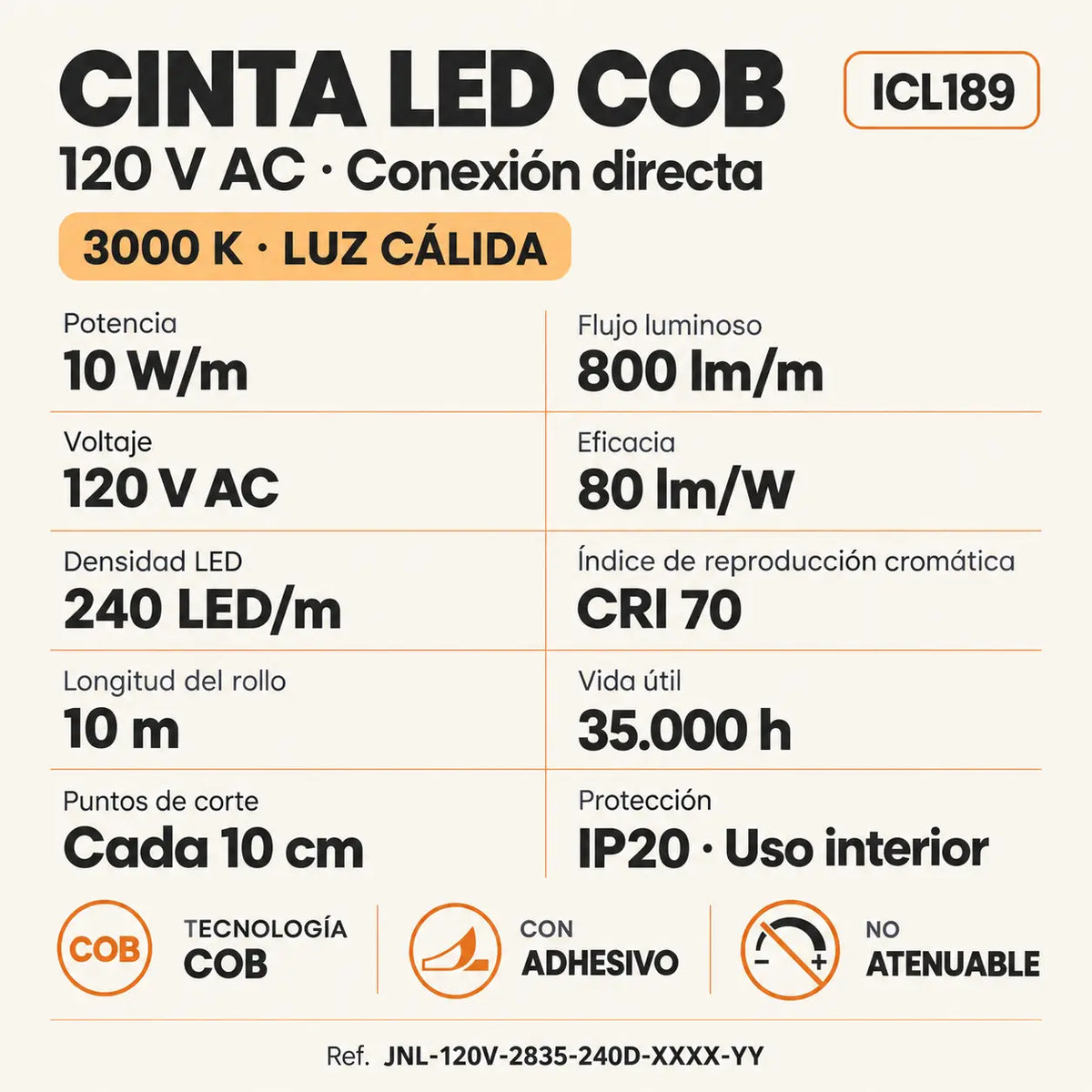 Cinta LED COB de conexión directa rollo de 10 metros