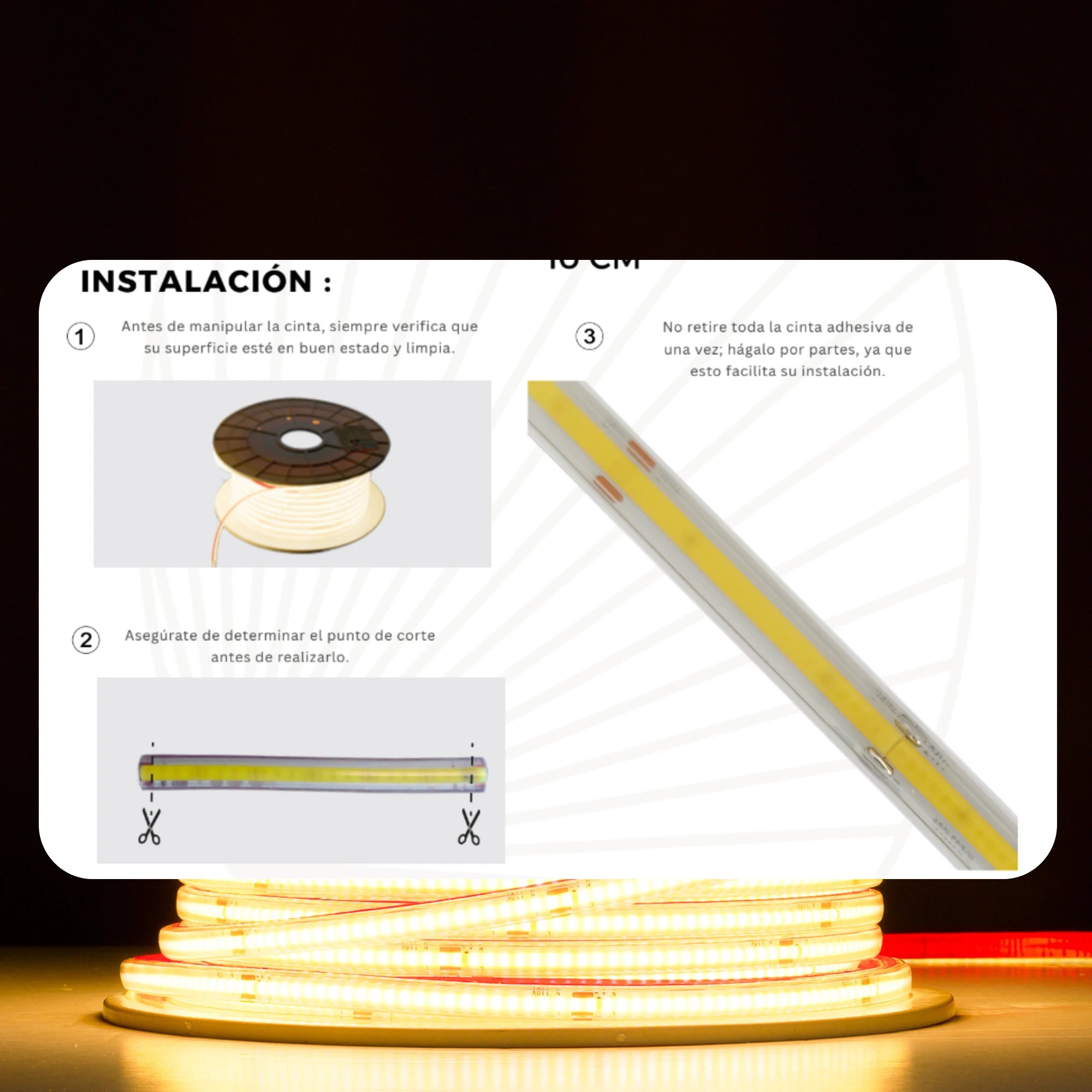 Cinta LED COB de luz continua sin puntos 110V 8 mm Serie Linx X10M (11 W) PREMIUM ASOMBRA