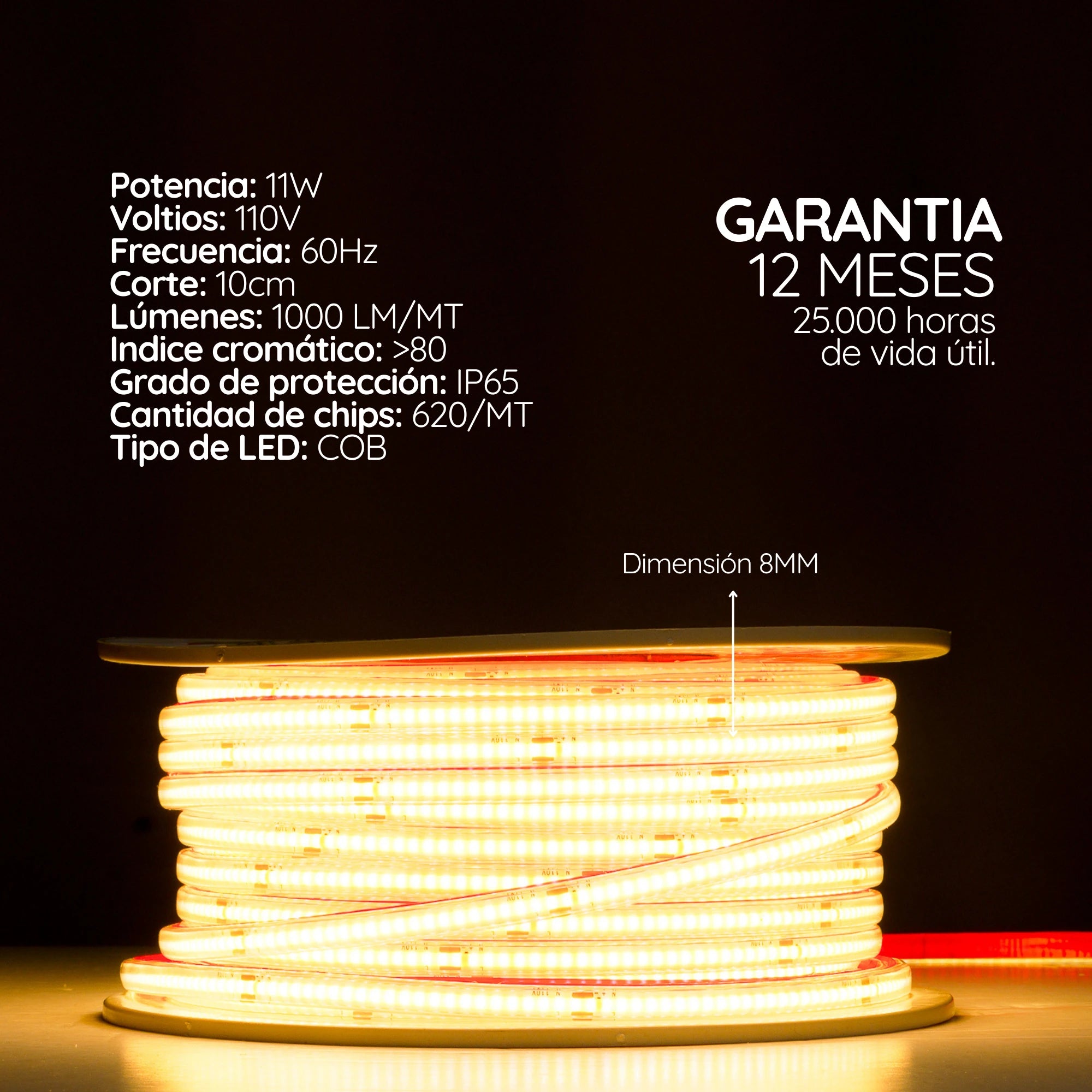 Cinta LED COB de luz continua sin puntos 110V 8 mm Serie Linx X10M (11 W) PREMIUM ASOMBRA