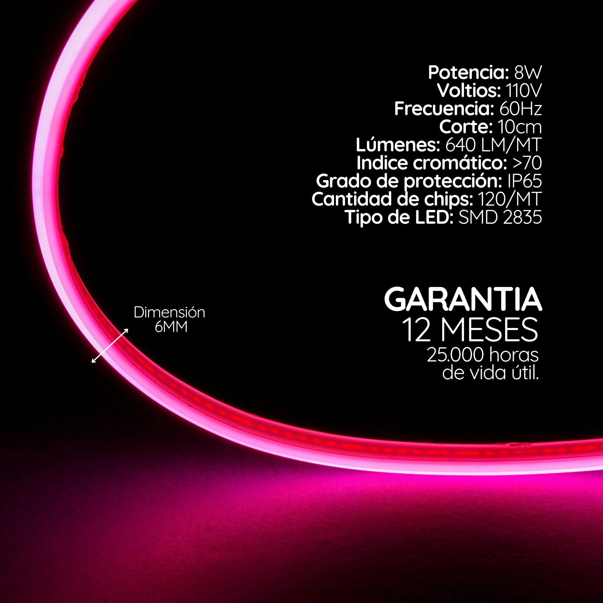 Cinta LED Neon Flex para curvas y formas orgánicas de luz continua 110V Serie Irise (8 W) X10M PREMIUM ASOMBRA