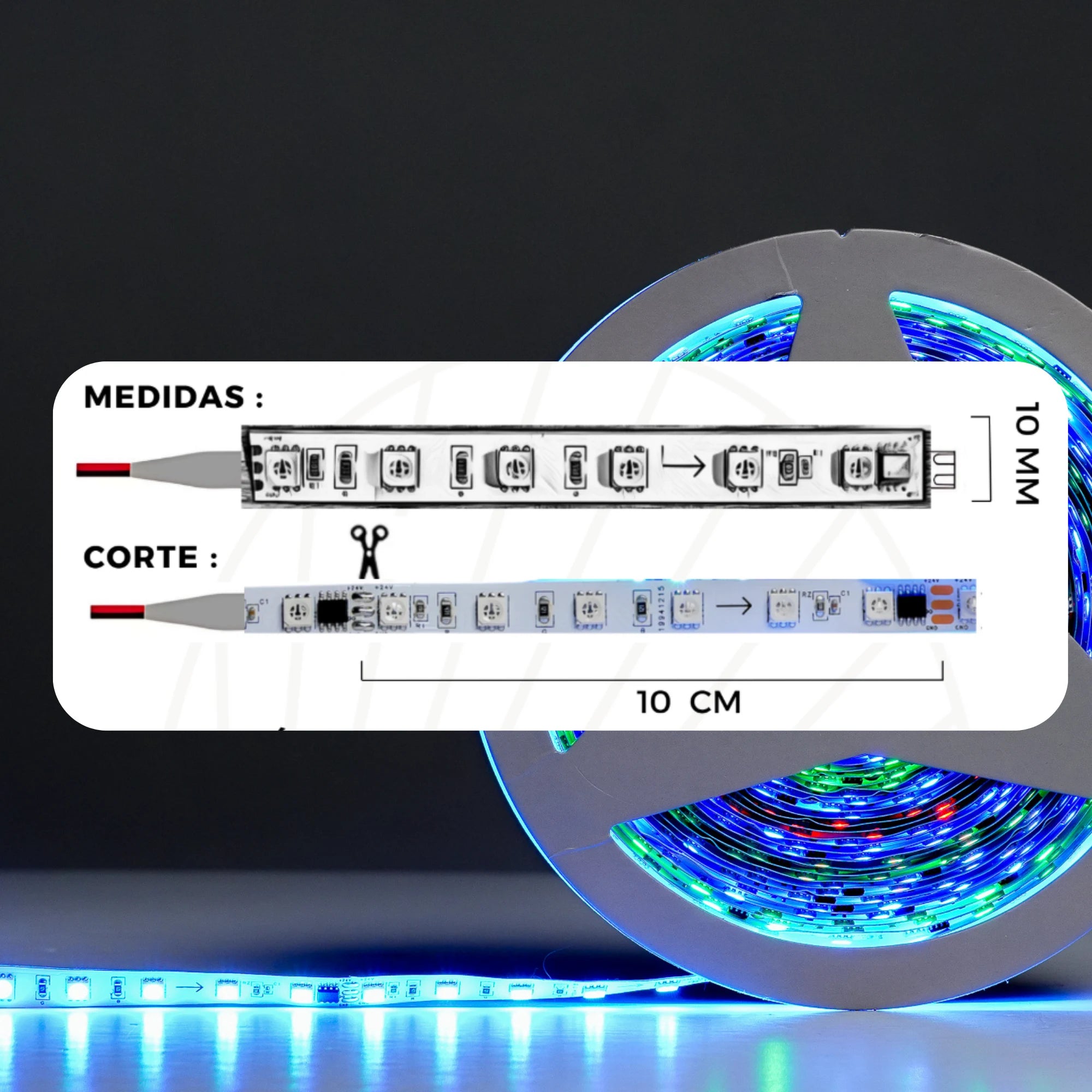 Cinta LED RGB multicolor para bares, vitrinas y color dinámico Serie pixel X10M (24V, 12W) PREMIUM ASOMBRA