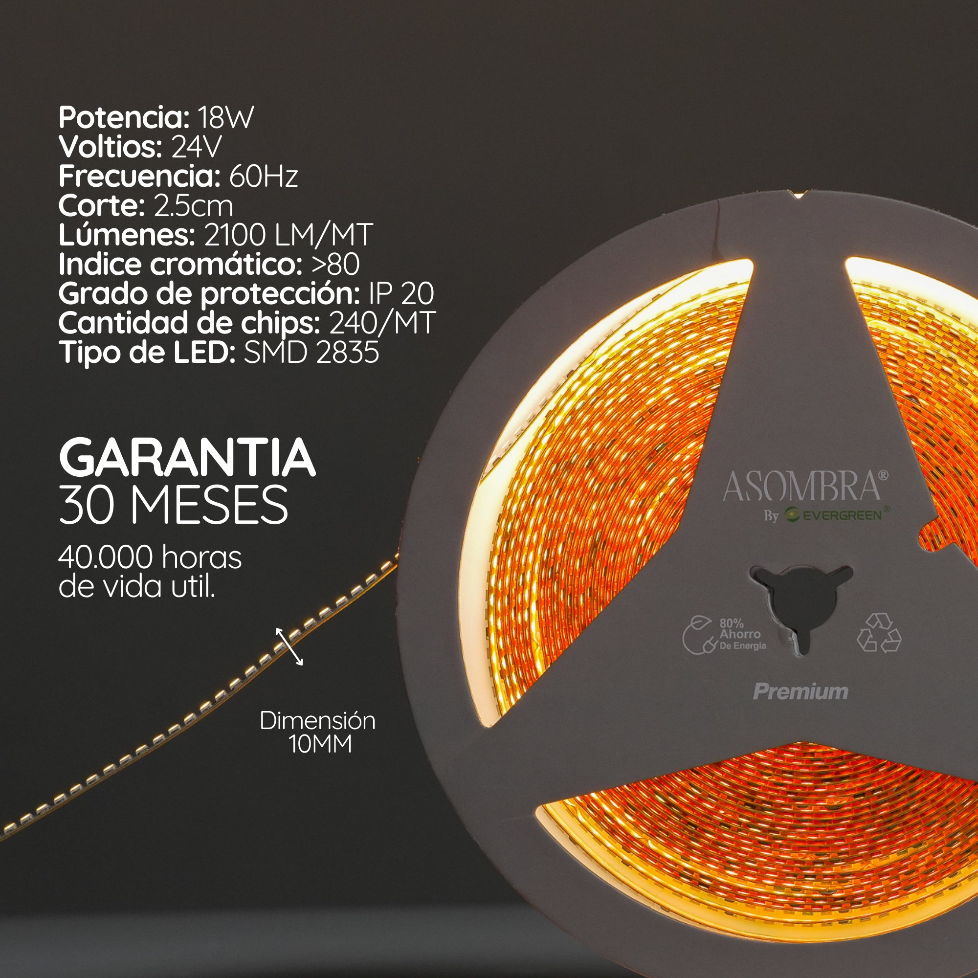 Cinta LED de alta densidad luz continua Serie Pollux x10M (24V, 18W, 240 chips/m) PREMIUM ASOMBRA