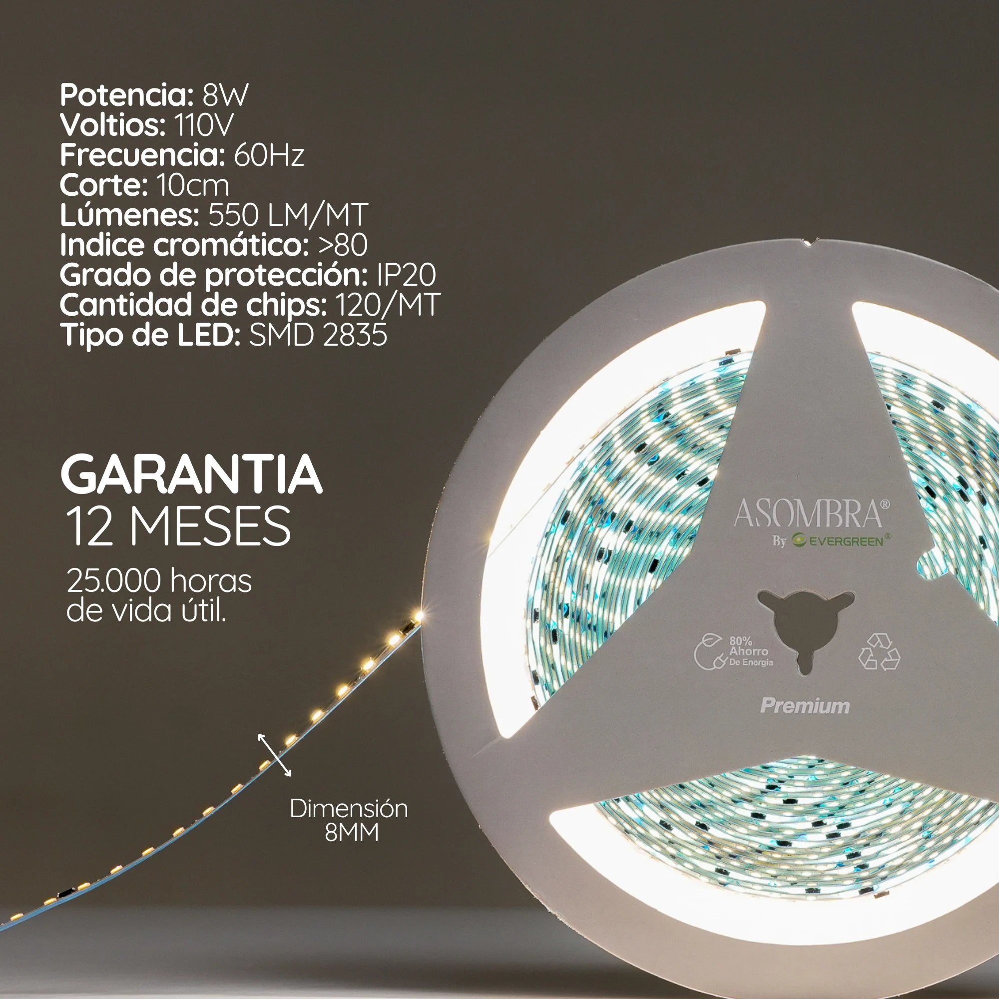 Cinta LED para recorridos largos de luz uniforme 110V Serie Wezen (8W, 120 chips, 550 lúmenes) X10M PREMIUM ASOMBRA