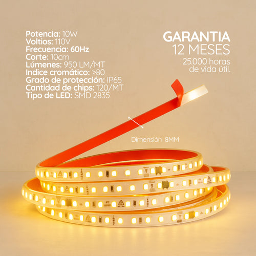 Cinta LED Delgada 8mm 110v 9w x 10 metros