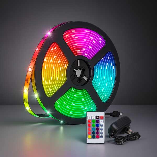 Cinta LED RGB Multicolor 12V 5 Metros con Fuente y Control Remoto, iluminación LED a precio mayorista Colombia