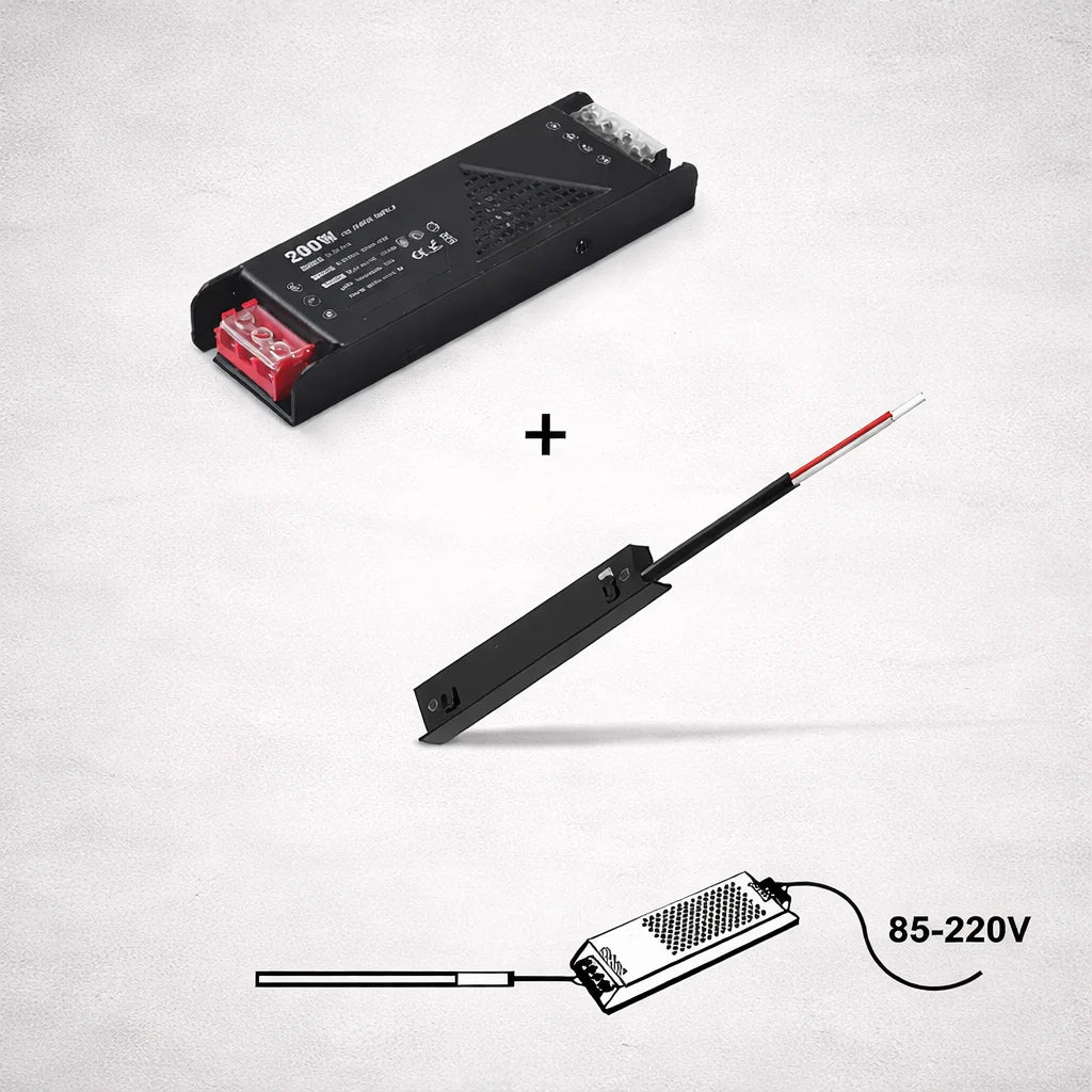 Comparativa de fuentes 100W vs 150W mostrando dimensiones reales 150x45x30mm vs 230x45x30mm