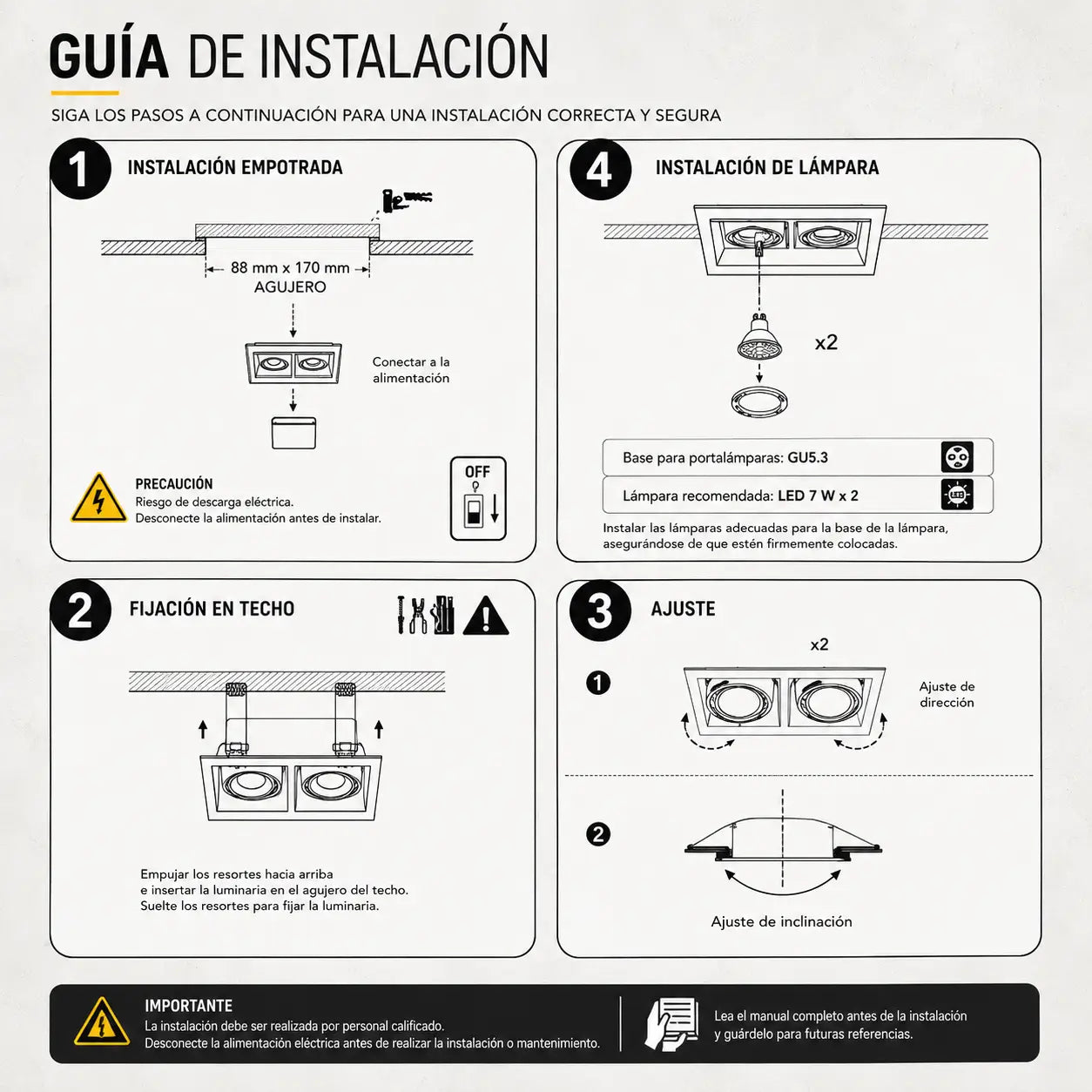Ojo de Buey Cuadrado Doble Metálico para Bombillo GU10 Negro