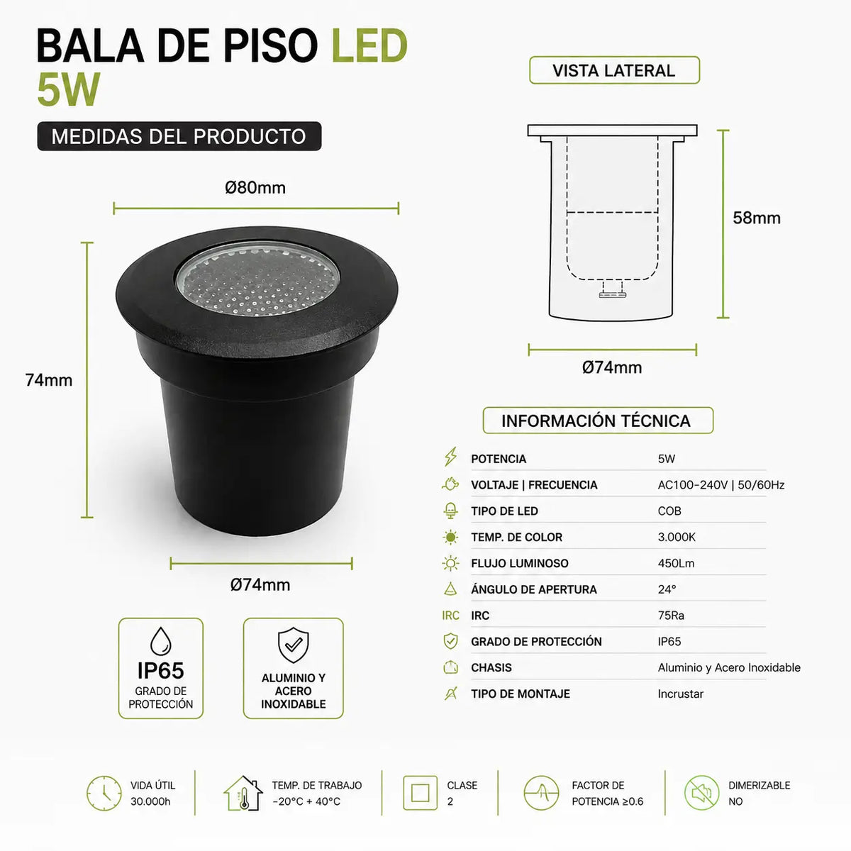 Bala de Piso LED 5W Exterior Antideslumbrante IP65 Negra 3000K