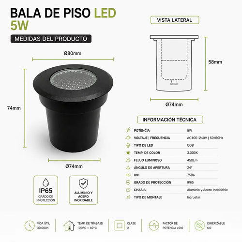 Bala de Piso LED 5W Exterior Antideslumbrante IP67 Negra 3000K