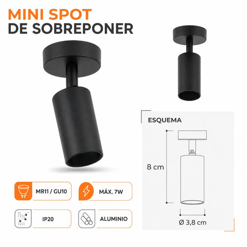 Mini Spot de Sobreponer para Bombillo GU10 Negro 7W