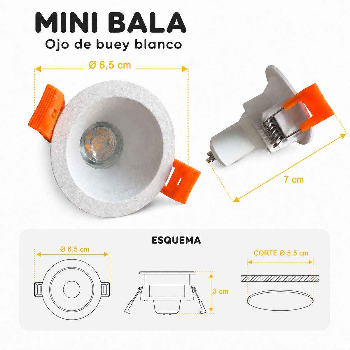 Mini Bala Ojo de Buey Empotrable para Bombillo LED GU10 7W