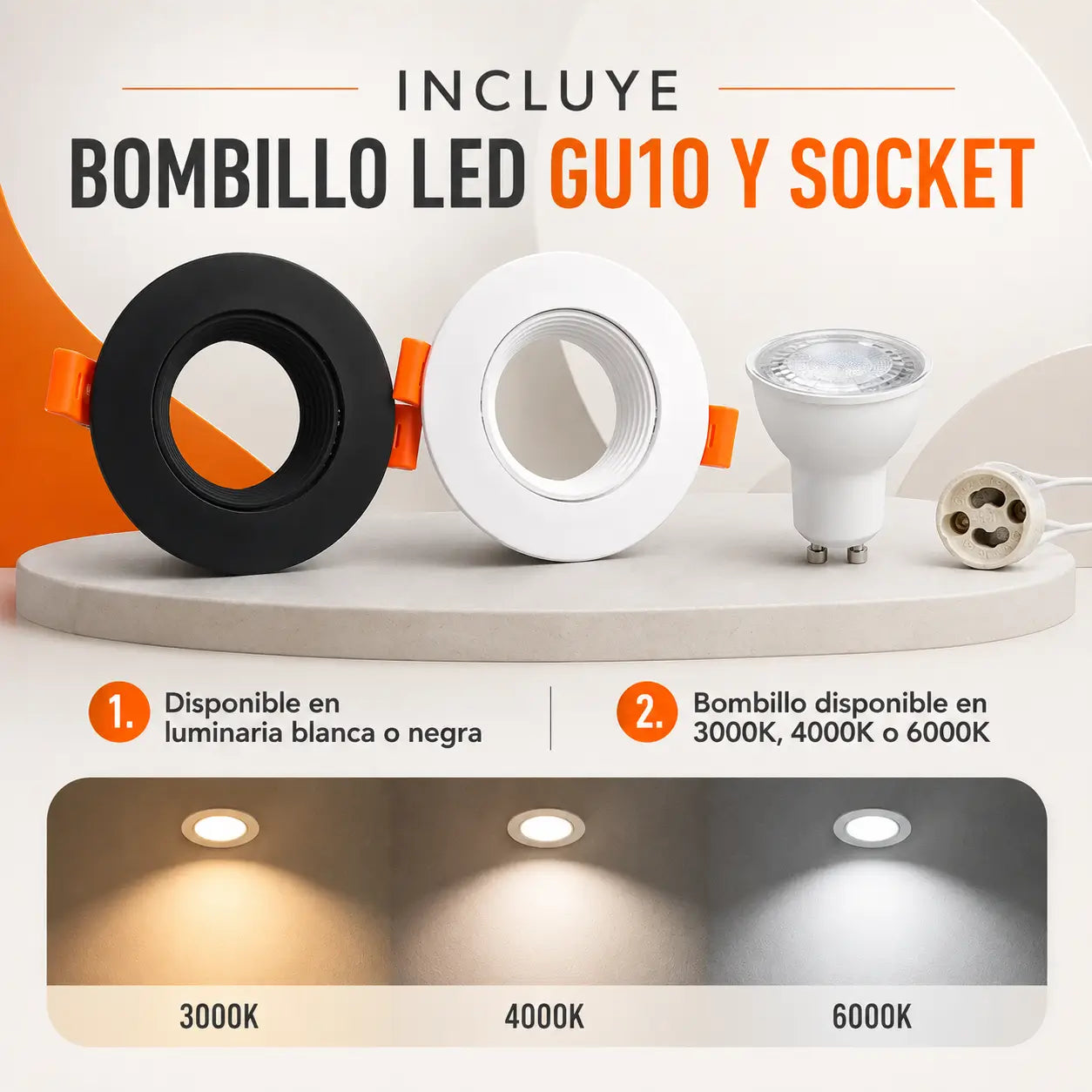 Ojo de Buey Recesado GU10 Blanco o Negro con Bombillo y Socket