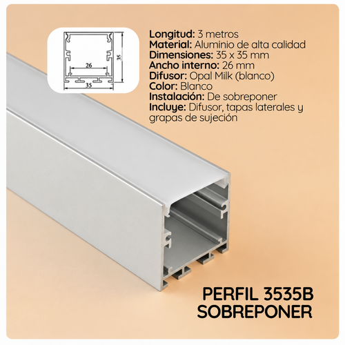 Perfil Aluminio Cinta LED Sobreponer o Suspender 3535B 35x35mm x 3m