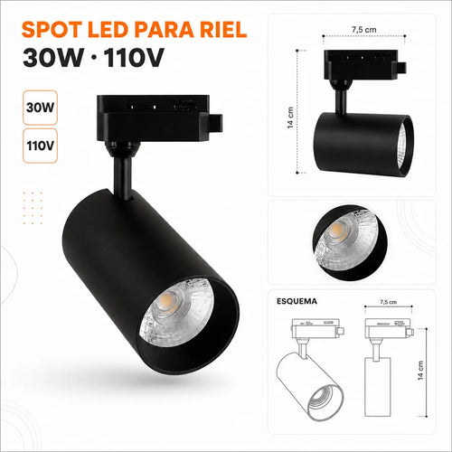 Spot LED para Riel 30W 110V Cabezal Orientable Negro o Blanco