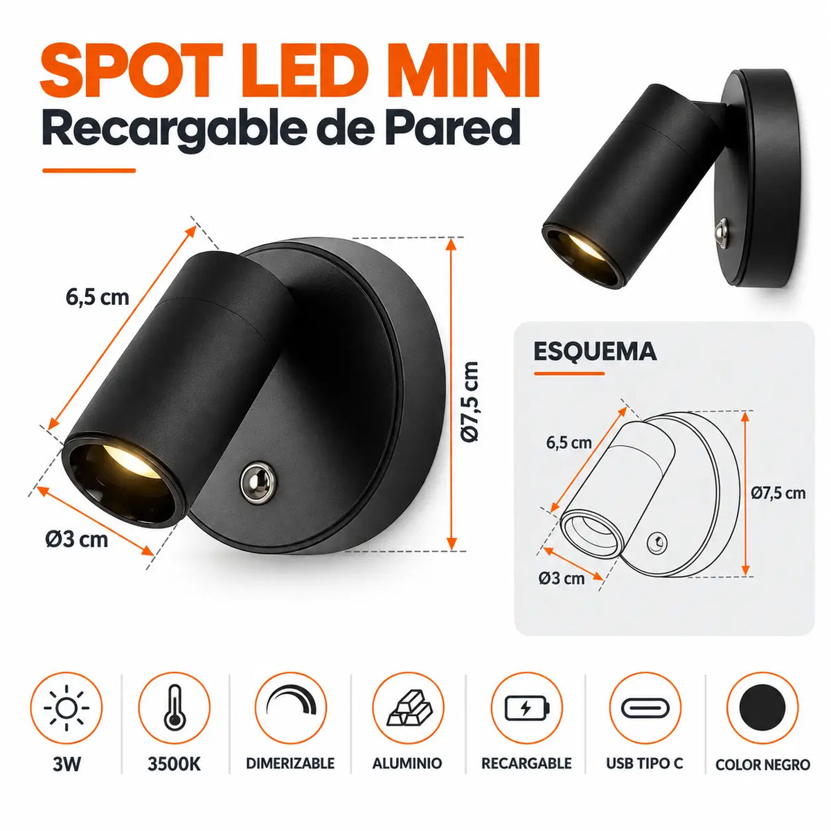 Spot LED Mini Recargable de Pared 3W Dimerizable