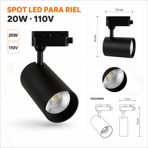 Spot LED para Riel 20W 110V Cabezal Orientable Negro o Blanco