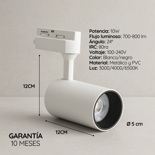 Spot LED para Riel 10W 110V 800 Lúmenes Negro o Blanco