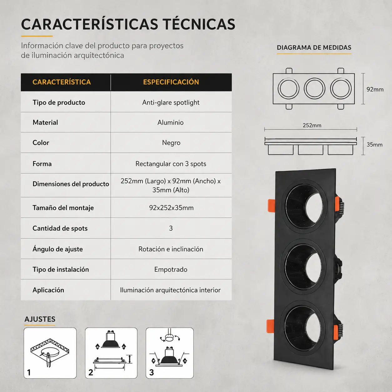 Ojo de Buey Cuadrado Triple PVC para Bombillo GU10 Recesado Blanco/Negro
