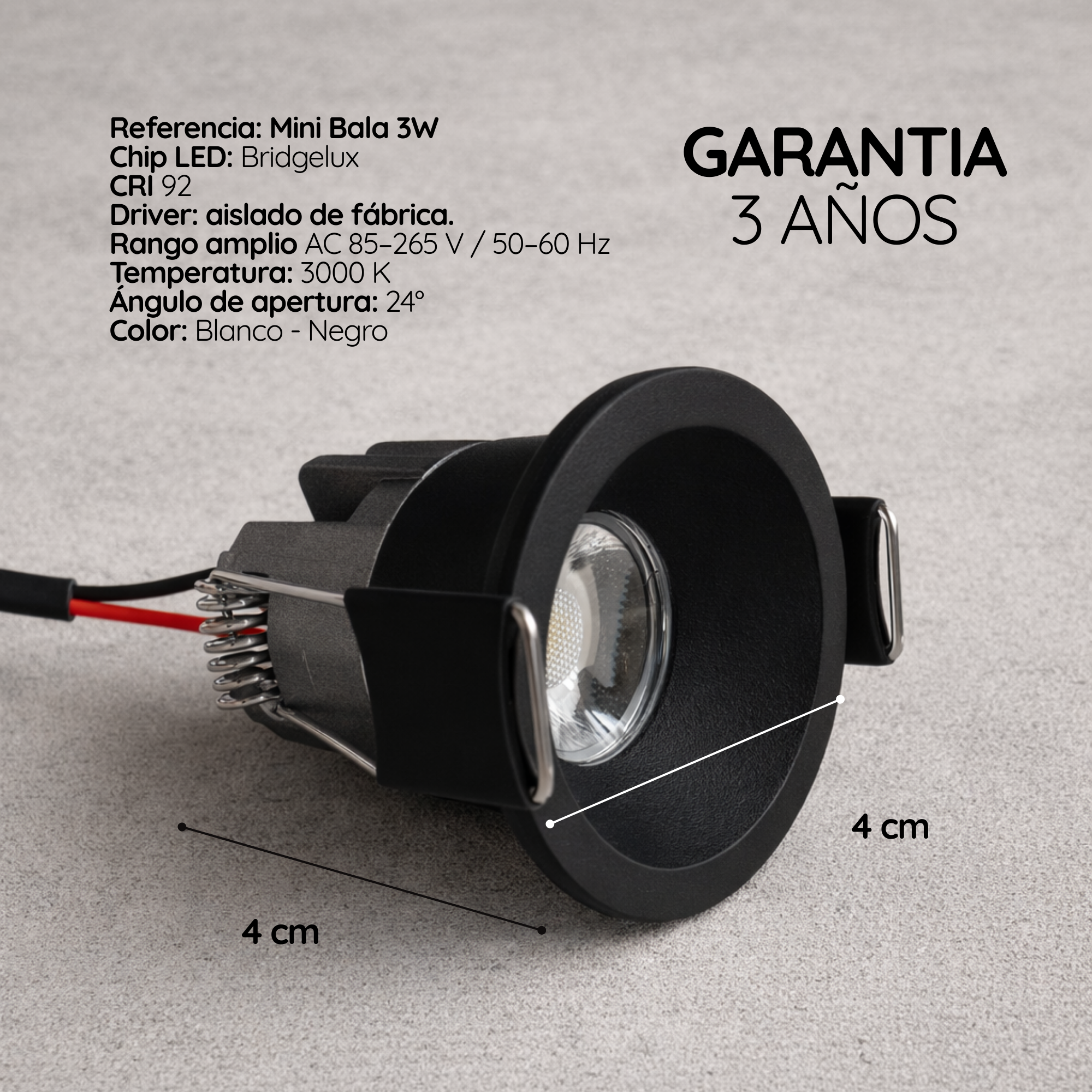 Bala LED para techo Mini 3W premium negro garantia 3 años