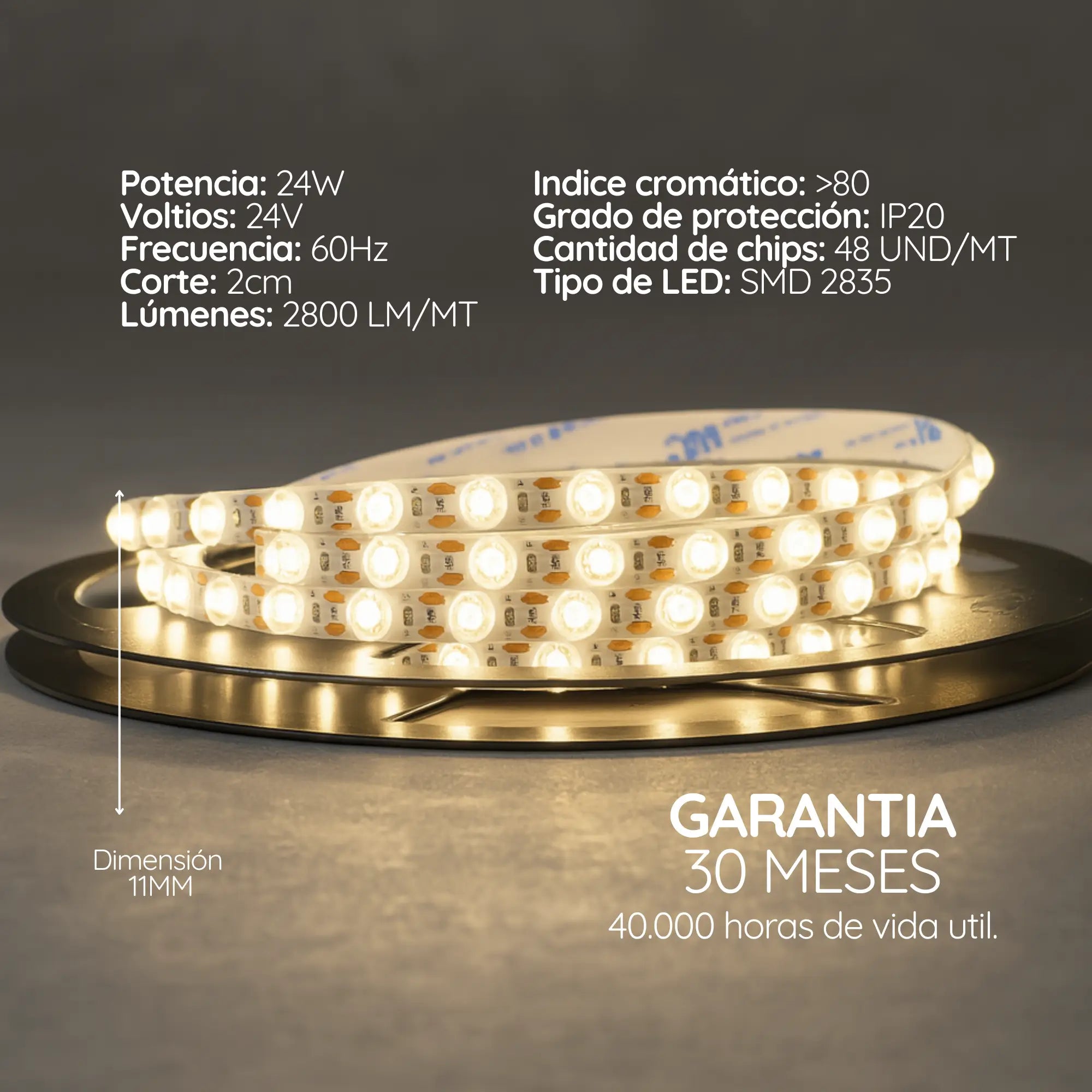 Cinta LED tipo lupa 11 mm de alta potencia X10M (24V, 24W) luz calida garantia
