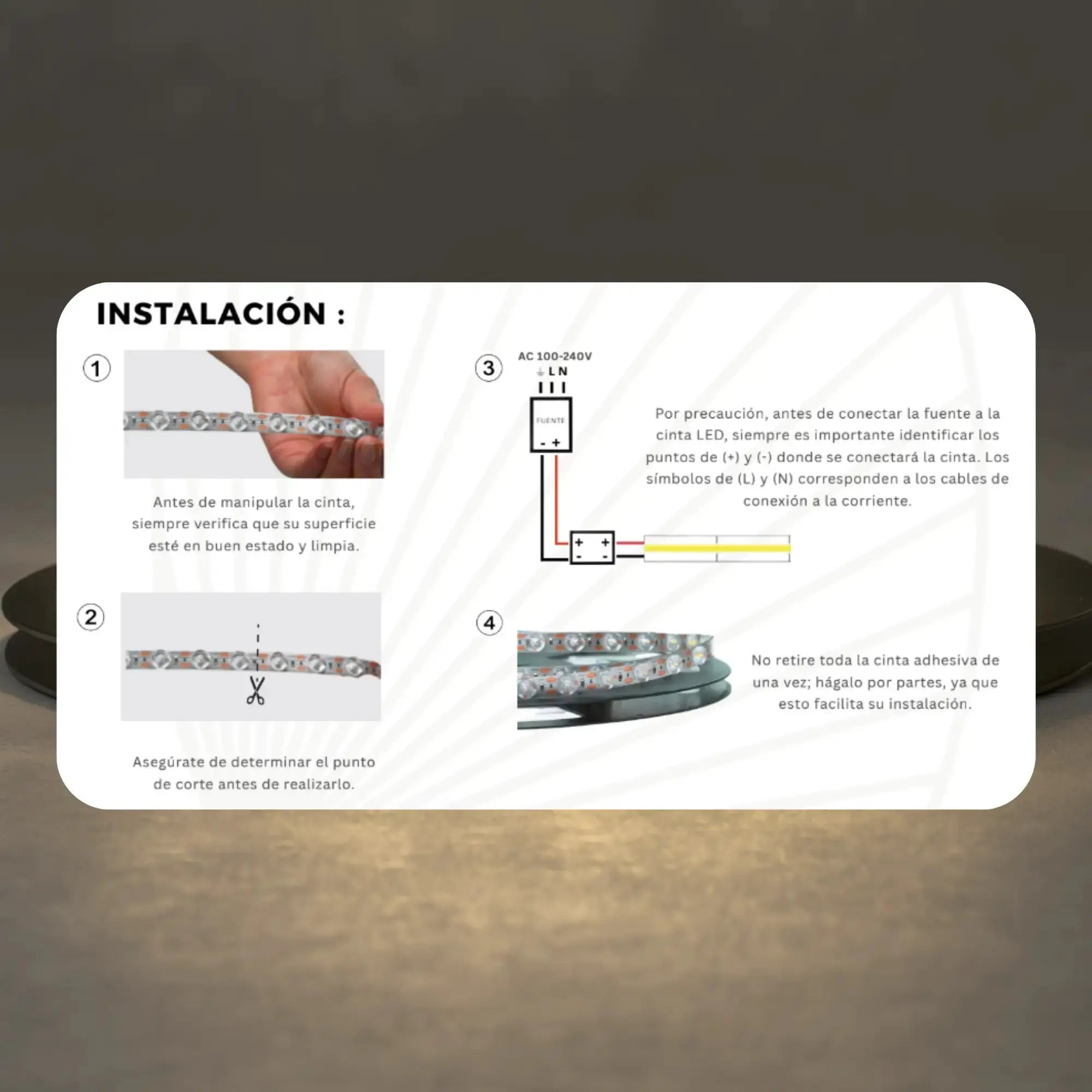 Cinta LED tipo lupa 11 mm de alta potencia X10M (24V, 24W) instalación