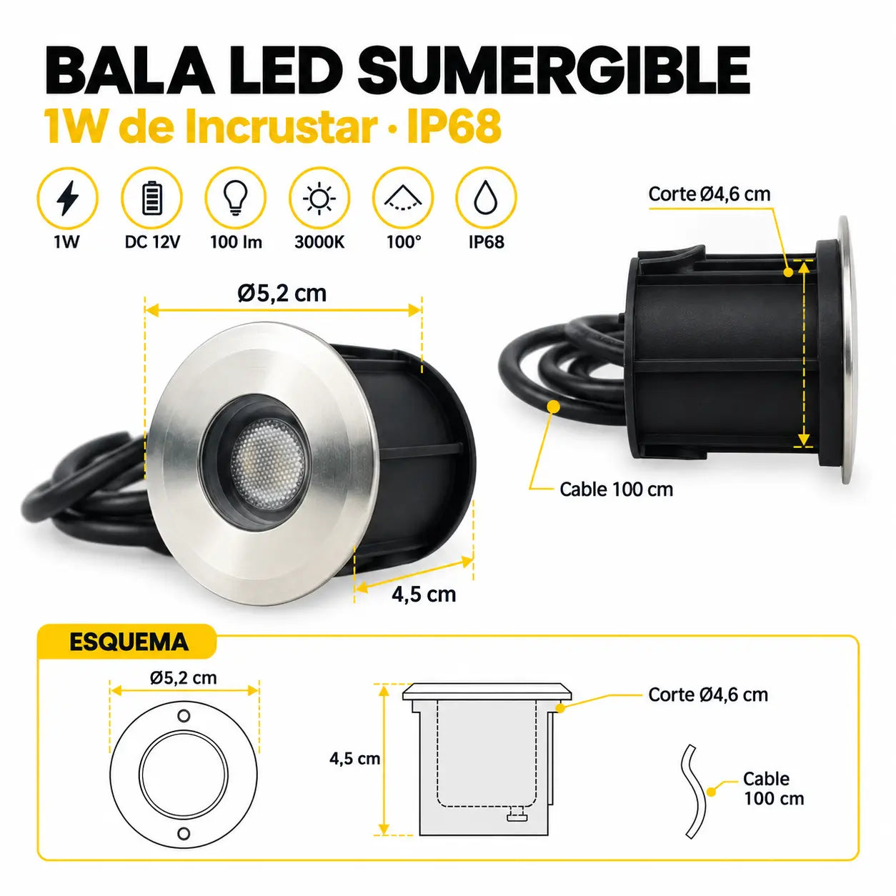 Bala LED Sumergible de Incrustar 1W IP68