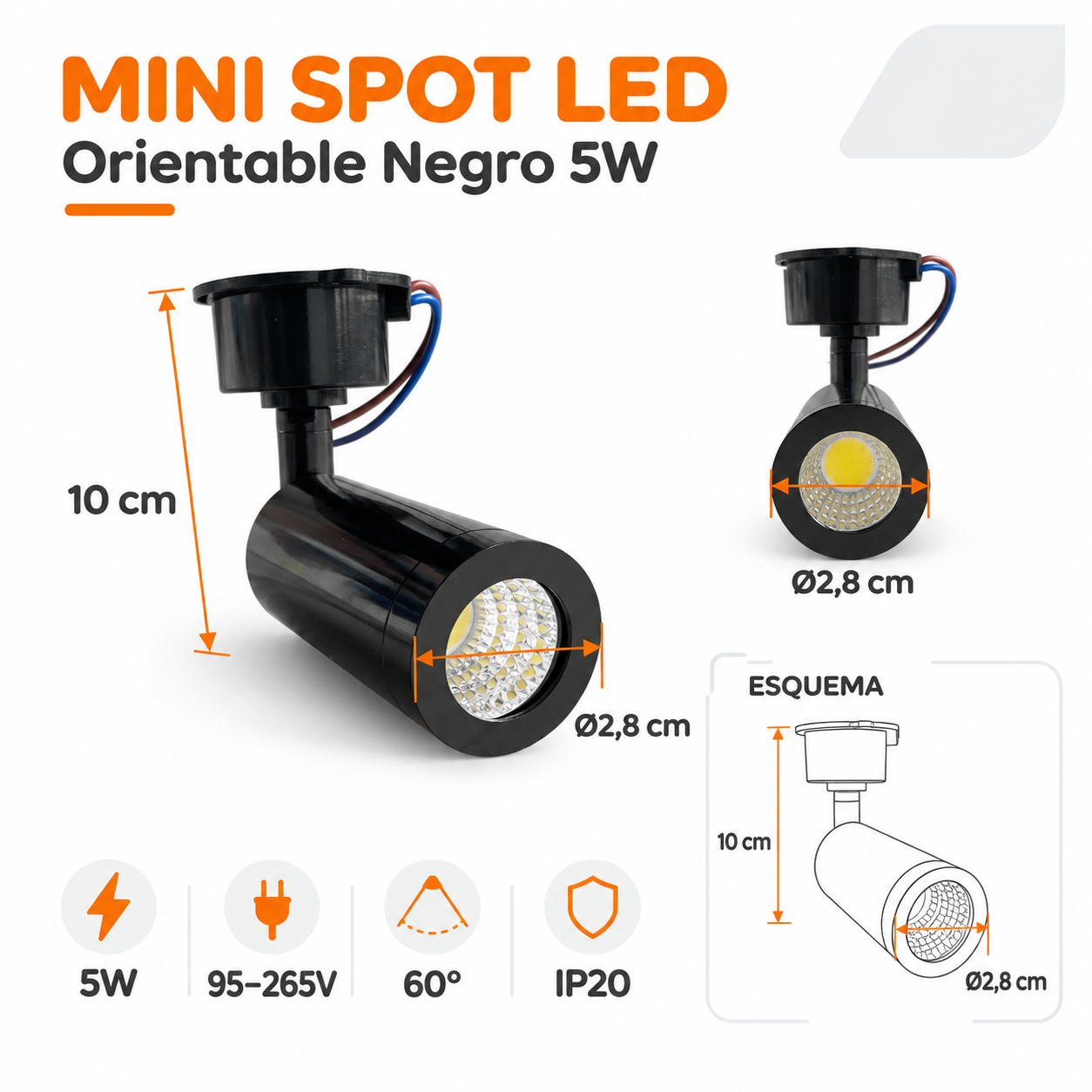 Mini Spot LED Orientable de Sobreponer 5W Negro