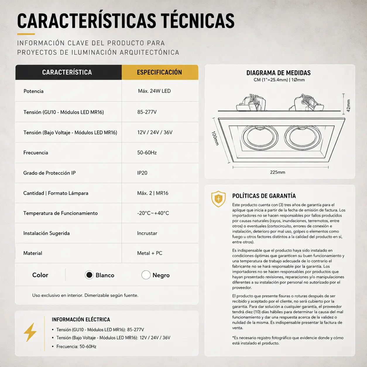 Ojo de Buey Cuadrado Doble Escala Metal para Bombillo GU10