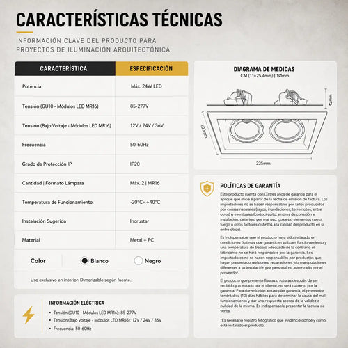 Ojo de Buey Cuadrado Doble Escala Metal para Bombillo GU10