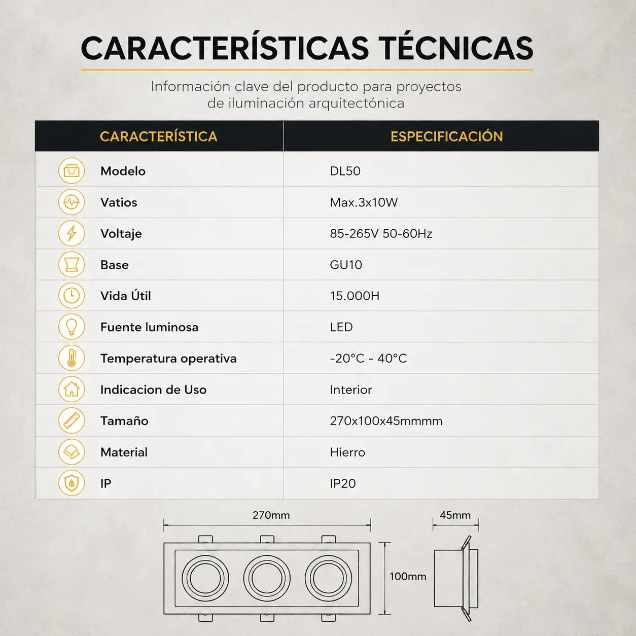 Ojo de Buey Cuadrado Triple Escala Metal para Bombillo GU10