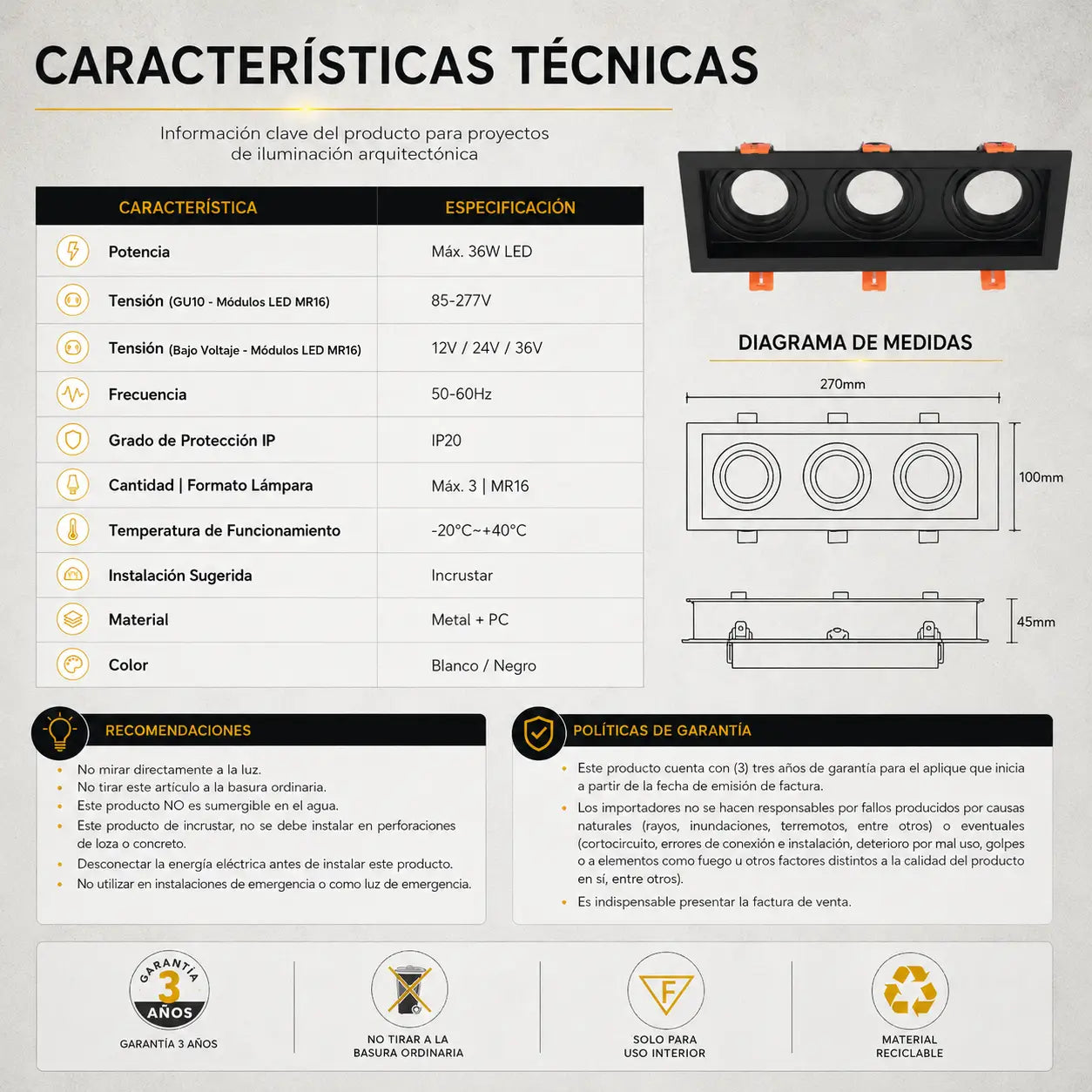 Ojo de Buey Cuadrado Triple en Metal para Bombillo GU10