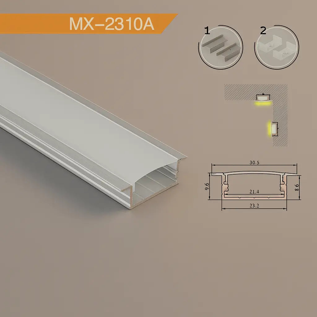 Perfil de aluminio para cinta LED 2310A incrustado en techos, muebles y proyectos de iluminación indirecta