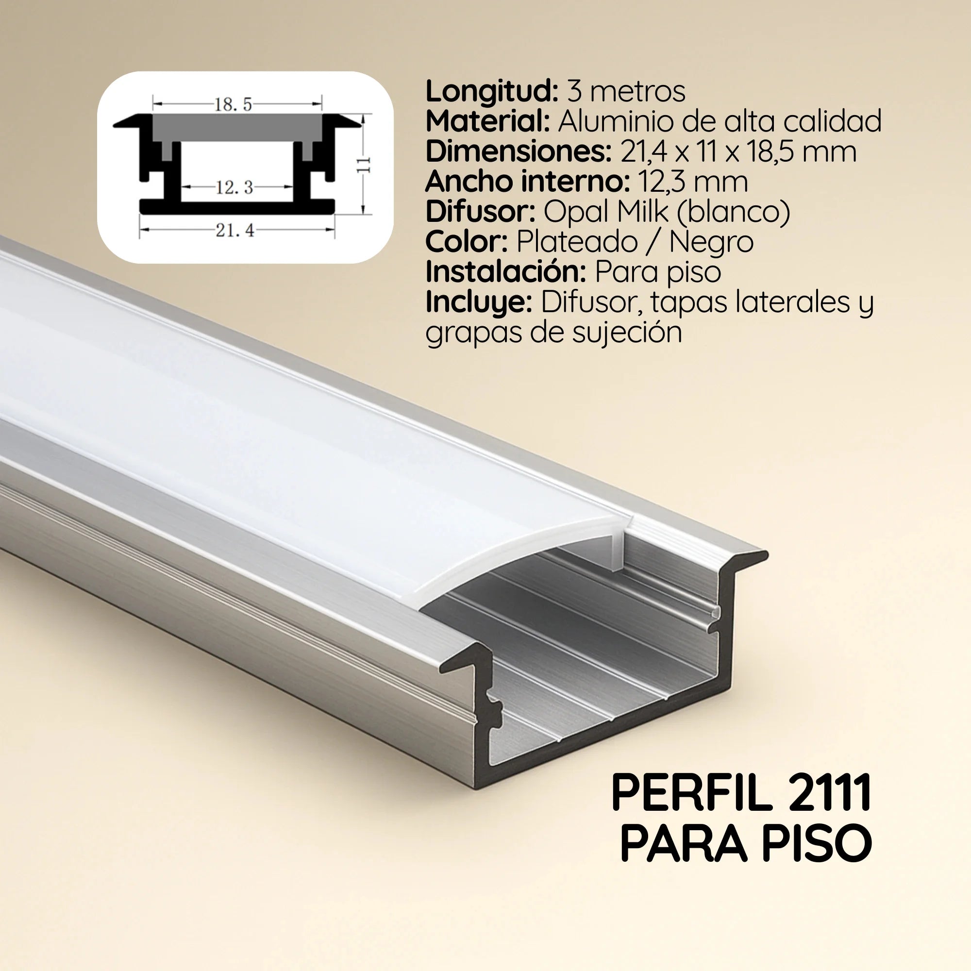 Perfil cinta LED piso difusor OPAL (2.1 cm x 1.1cm) x 3 metros 2111