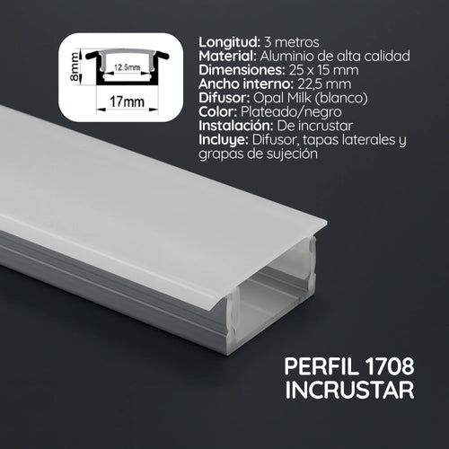 Perfil cinta LED plano incrustar difusor OPAL (1.7cm x 0.8cm) x 3 metros