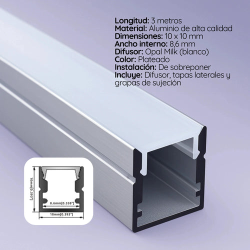 Perfil cinta LED sobreponer difusor OPAL (1cm x 1cm) x 3 metros