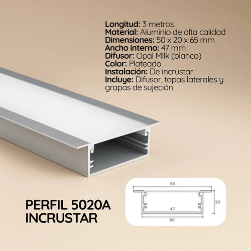 Perfil cinta LED incrustar difusor OPAL (5cm x 2cm) x 3 metros